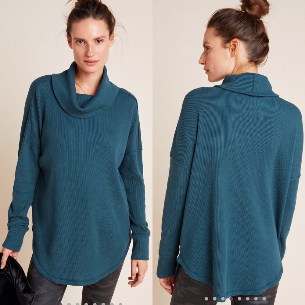 Maeve by Anthropologie Ainsley Thermal Cowl Neck Sweater Blue Green - Size: XS
